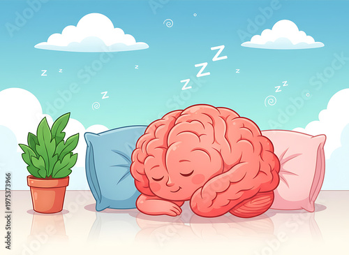 Cute cartoon brain sleeping on an open book with pillows and dreamy clouds for study rest. Mental Wellness & Creative Learning