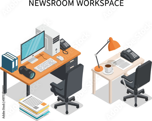 Modern newsroom workspace concept with computer, camera, and office furniture