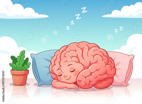 Cute cartoon brain sleeping on an open book with pillows and dreamy clouds for study rest. Mental Wellness & Creative Learning