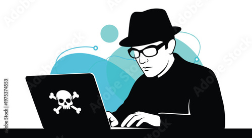 Cybercriminal in a hat and glasses uses a laptop with a skull logo to perform illegal hacking and steal sensitive data in a digital environment.