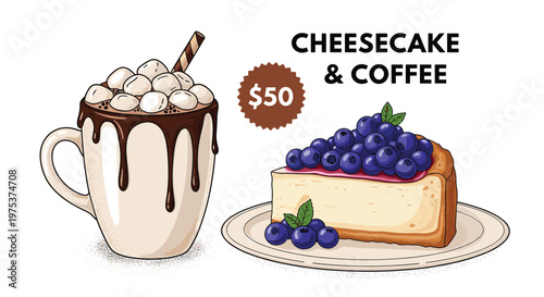 Delicious food illustration shows a steaming mug of hot chocolate with marshmallows next to a slice of blueberry cheesecake.