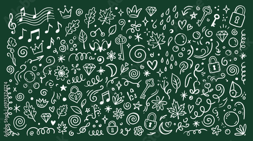Chalkboard doodle collection of whimsical elements like music notes keys locks leaves and hearts on a green background