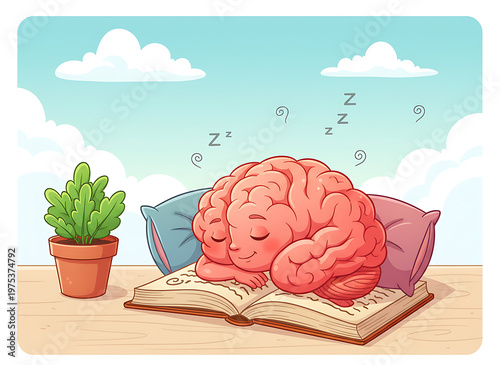 Cute cartoon brain sleeping on an open book with pillows and dreamy clouds for study rest. Mental Wellness & Creative Learning