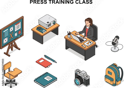 Preparing for media attention Visualizing a comprehensive press training class setup with essential equipment