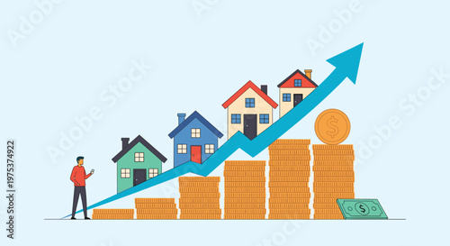 Real estate investment growth shows a diverse row of houses on an upward arrow over stacks of gold coins with a man tracking financial progress.