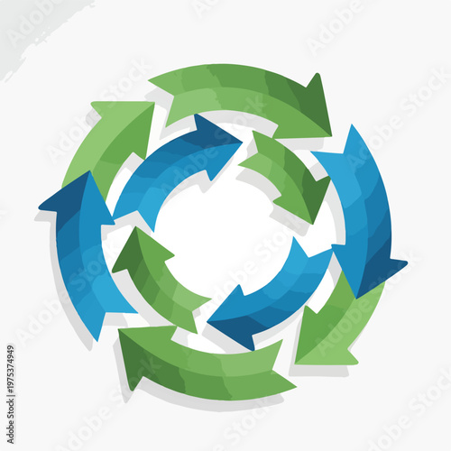 A circular illustration of arrows in shades of green and blue on white