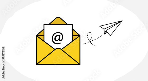 Digital email marketing and online communication shows an open yellow envelope with an at symbol and a paper airplane flying to its destination.