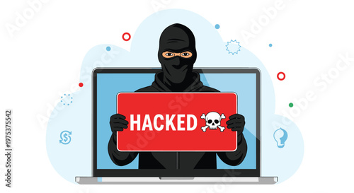 Cyber attack alert shows a hooded hacker appearing through a laptop screen while holding a red hacked sign with a skull and crossbones icon.