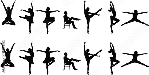 Dance silhouette collection, ballet dancers jumping and stretching poses black vector set isolated on white background, graceful performance illustration