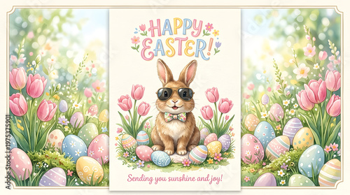 Cute Bunny Wearing Sunglasses Surrounded by Easter Eggs and Tulips Spring Holiday Greeting Card Design With Festive Flowers in Garden Scenery Cute