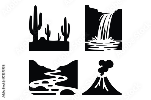Nature landscape silhouettes: cacti waterfall river erupting volcano vector set