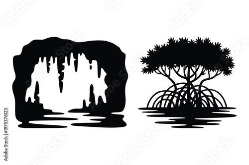 Underwater cave entrance and mangrove tree with exposed roots silhouette vector