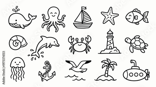 Cute hand drawn ocean sea creatures and nautical elements collection simple doodle style for kids and design