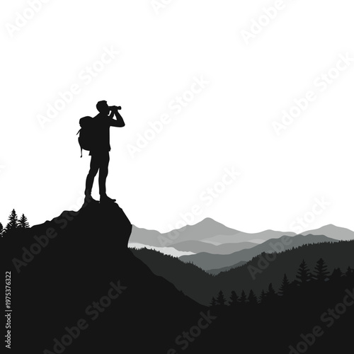 Silhouette of a Hiker Observing Scenic Mountains