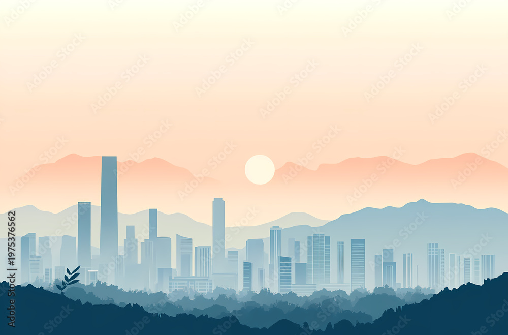 Fototapeta premium Cityscape Sunrise Over Mountains
