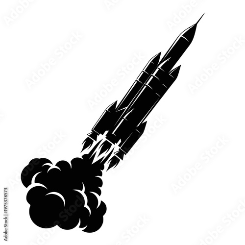 Rocket Launching with Smoke Trail Against White Background