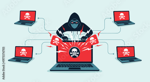 Distributed denial of service attack simulation shows a central hacker using a laptop to coordinate multiple malicious computers with skull icons.