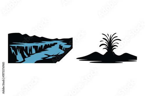 Canyon river landscape with blue water and erupting geyser volcano vector