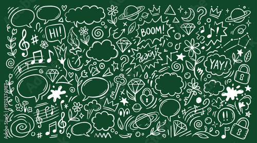 Whimsical chalk doodle collection on green chalkboard featuring planets stars music notes speech bubbles and lock icons representing creativity and learning