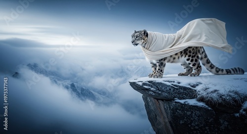 Snow leopard wearing a flowing ivory silk cape on mountain peak