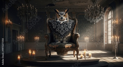 Wise owl wearing an ornate black lace collar sitting on throne chair