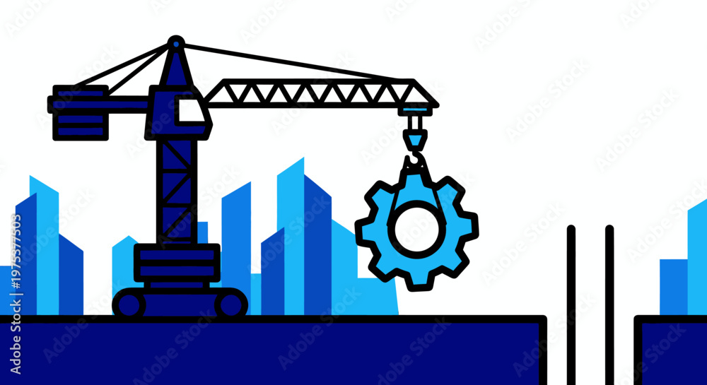Obraz premium Construction Crane Lifting Gear Cogwheel Over Blue Cityscape Background
