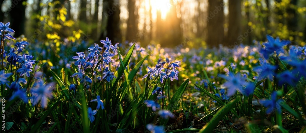 Obraz premium Bluebell flowers blooming in a forest with golden sunset light and green leaves