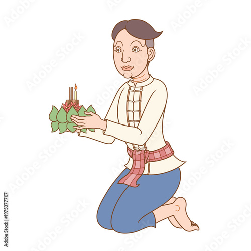 Vector illustration of a man holding ritual vessel in Loy Krathong festival of Thailand in traditional Thai art style.