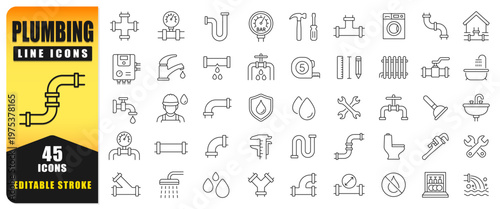 Plumbing Line Icon Set Featuring Editable Stroke Vector Symbols Of Pipes, Water Systems, Tools, And Maintenance. Clean Modern Design Ideal For Web, Apps, Construction Projects, And Infographics.