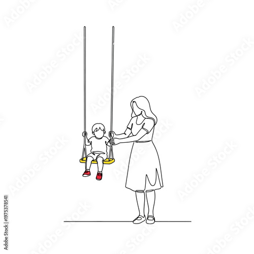 Woman pushing child on swing outdoors in park playground