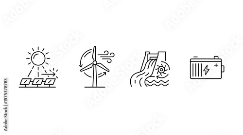 Renewable Energy Icons Solar Wind Hydroelectric Battery Storage.