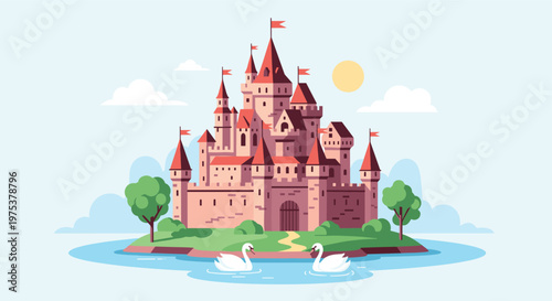 Majestic fairy tale castle stands on a green island surrounded by blue water with two white swans swimming nearby.