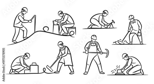 A series of illustrations depicting a person performing various manual labor tasks.