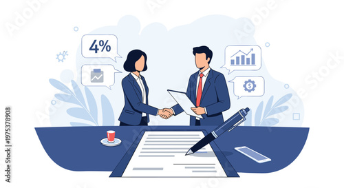 Business partners shake hands over a signed contract on a table with professional documents and business growth icons.
