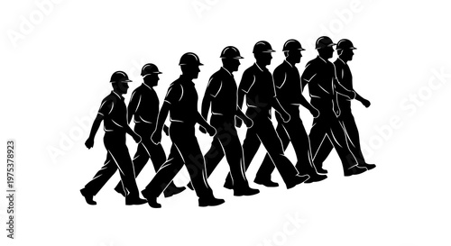 A group of people walking in a line, silhouetted against a white background.
