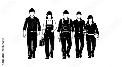 A group of people wearing uniforms and caps walking together in a line.