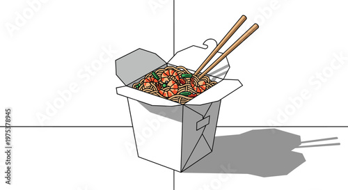 Open white Chinese takeout box is filled with shrimp and noodle stir fry with chopsticks resting on the side.