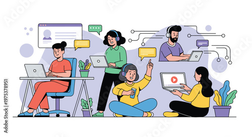 Diverse team of people works remotely using laptops and headsets in a collaborative digital network environment.