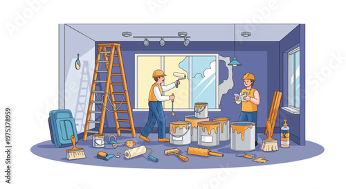 Professional painters work together to renovate a room with blue walls using rollers, brushes, and many paint cans.
