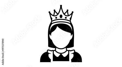 A simple black and white illustration of a queen wearing a crown and a dress.
