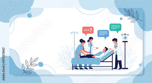 Medical team consisting of doctors and nurses provides urgent care to a patient in a hospital bed with medical equipment.