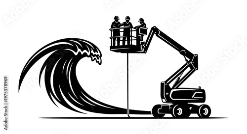 Workers in aerial lift navigating through a massive wave in a graphic illustration.