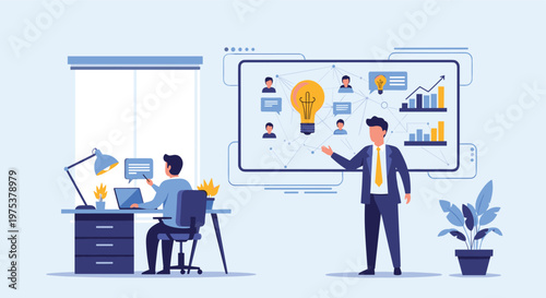 Business manager gives a strategic presentation to a colleague in an office using a large digital whiteboard with data.