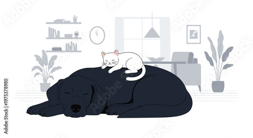 Peaceful white cat sleeps soundly on top of a large black dog while resting together in a quiet home interior setting.
