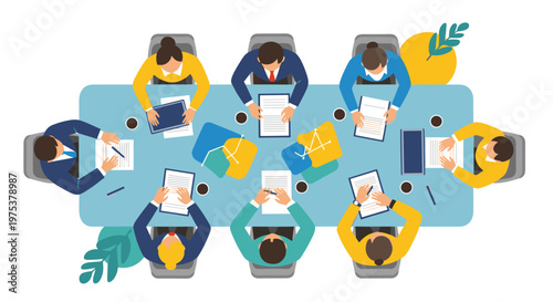 Business team holds a formal meeting around a large table to review documents and charts from a top-down view.