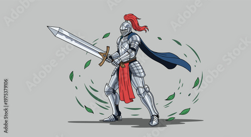 Brave medieval knight in full shining armor holding a large sword while standing amidst swirling green leaves and wind.