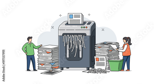 Office workers managing a large pile of documents next to a giant paper shredder to ensure data privacy and security.