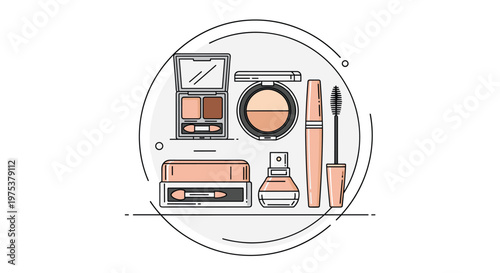 Elegant collection of various makeup products including powder, mascara, and eyeshadow arranged neatly in a circular frame.
