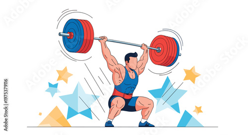 Strong male weightlifter successfully lifting a heavy barbell above his head during a professional sports competition.