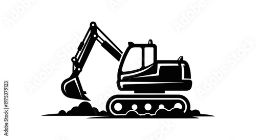 A black and white illustration of an excavator digging into the ground.